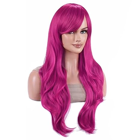 Wig store-Wavy-IMISSU 28 Inch/70cm Long Hair Water Wavy Wigs with Bangs Cosplay Costume Wig (Rose Red) 2 Wig store-Wavy-IMISSU 28 Inch/70cm Long Hair Water Wavy Wigs with Bangs Cosplay Costume Wig (Rose Red) - Image 2