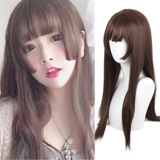 Wig store-Curly-Long Brown Straight Wig with Bangs with Bangs Natural Synthetic Heat Resistant Fiber Hair Wig for Daily Cosplay Use