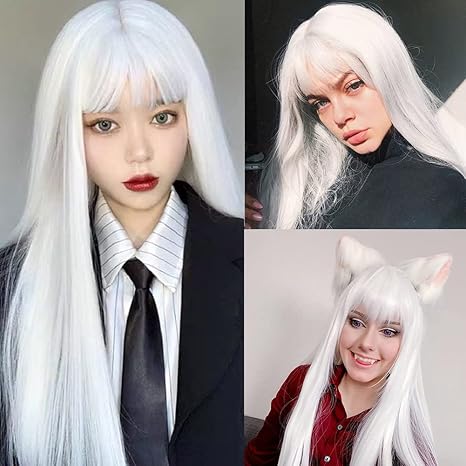 Wig store-Dry-White Straight Long Wigs for Women with Flat Bangs Synthetic Hair Natural Looking Halloween Cosplay Daily Wig with Wig Cap Wig store-Dry-White Straight Long Wigs for Women with Flat Bangs Synthetic Hair Natural Looking Halloween Cosplay Daily Wig with Wig Cap