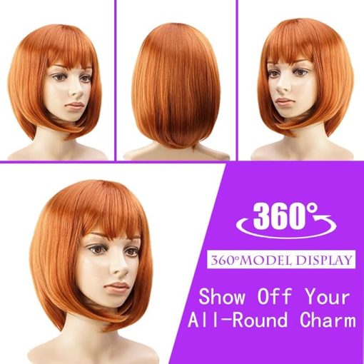 Wig store-BOB-Short Auburn Bob Wig With Bangs -12 Inch Natural Fashion Bob Wigs for Women- Cute Colored Synthetic Wig for Daily Party Halloween (Auburn) - Image 2