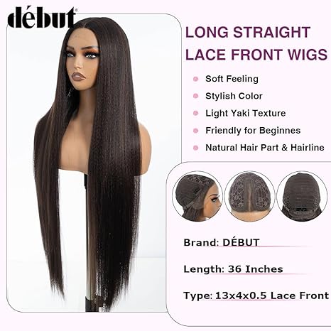 Wig store-Long Hair-DÉBUT Light Yaki Super Long Straight Hair Lace Front Wigs 36 Inches Middle Part 13x4x0.5 Natural Hairline with Baby Hair Highlight Brown Synthetic Wig for Women 2 Wig store-Long Hair-DÉBUT Light Yaki Super Long Straight Hair Lace Front Wigs 36 Inches Middle Part 13x4x0.5 Natural Hairline with Baby Hair Highlight Brown Synthetic Wig for Women - Image 2