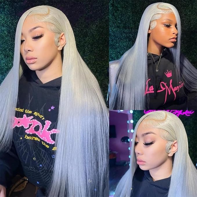 Wig store-Kinky Straight-13×4 HD Lace Front Wigs 28 Inch Grey Color Natural Straight Lace Frontal Wig Gray Pre Plucked with Baby Hair Wig 200% Density Synthetic Heat Resistant Fiber Hair For Black Women 2 Wig store-Kinky Straight-13x4 HD Lace Front Wigs 28 Inch Grey Color Natural Straight Lace Frontal Wig Gray Pre Plucked with Baby Hair Wig 200% Density Synthetic Heat Resistant Fiber Hair For Black Women - Image 2