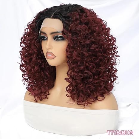 Wig store-Curly-Felek 16inch Curly Lace Front Wigs Middle Part Jerry Curl Wig Ombre Burgundy Color T Lace Front Curly Synthetic Pre-Plucked Deep Curly Wigs For Black Women(T1B/BUG) 2 Wig store-Curly-Felek 16inch Curly Lace Front Wigs Middle Part Jerry Curl Wig Ombre Burgundy Color T Lace Front Curly Synthetic Pre-Plucked Deep Curly Wigs For Black Women(T1B/BUG) - Image 2