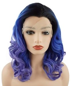 Wig store-Wavy-Hair Wavy Shoulder Length 16inch Dark Root Blue and Purple Mix Heavy Density Realistic Synthetic Lace Front Wig Wig store-Wavy-Hair Wavy Shoulder Length 16inch Dark Root Blue and Purple Mix Heavy Density Realistic Synthetic Lace Front Wig