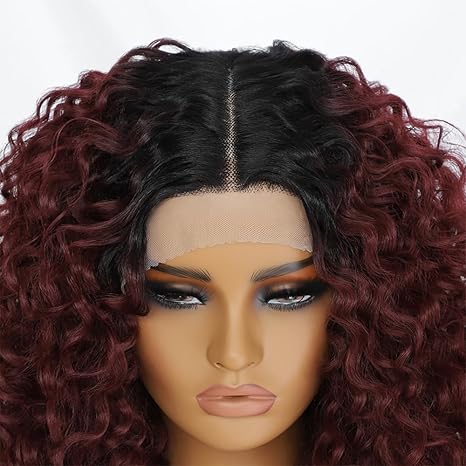 Wig store-Curly-Felek 16inch Curly Lace Front Wigs Middle Part Jerry Curl Wig Ombre Burgundy Color T Lace Front Curly Synthetic Pre-Plucked Deep Curly Wigs For Black Women(T1B/BUG) 3 Wig store-Curly-Felek 16inch Curly Lace Front Wigs Middle Part Jerry Curl Wig Ombre Burgundy Color T Lace Front Curly Synthetic Pre-Plucked Deep Curly Wigs For Black Women(T1B/BUG) - Image 3
