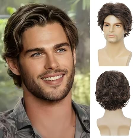 Wig store-Wavy-Mens Short Brown Wig Mix Blonde Synthetic Reality Hair Wigs Daily Replacement Wig Wig store-Wavy-Mens Short Brown Wig Mix Blonde Synthetic Reality Hair Wigs Daily Replacement Wig