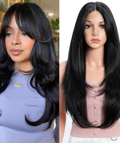 Wig store-Straight-Synthetic Lace Front Wig for Women Long Layered Hair Wig with Curtain Bangs 24 inch Long Straight Black Hair Wig for Daily Party Cosplay (Color:1B)