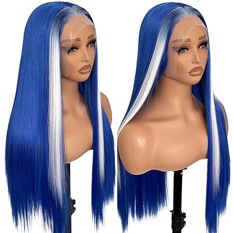 Wig store-Straight-Blue Lace Front Synthetic Wig Hightlight Pre-Plucked Glueless Blue White Wear and go HD Lace Front Wig Synthetic Long Straight Lace Front Wig with Highlights Wig store-Straight-Blue Lace Front Synthetic Wig Hightlight Pre-Plucked Glueless Blue White Wear and go HD Lace Front Wig Synthetic Long Straight Lace Front Wig with Highlights