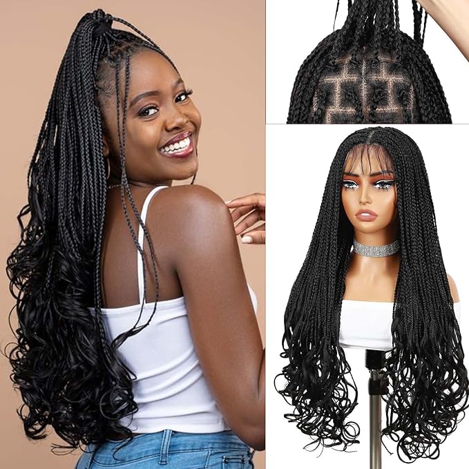 Wig store-Braid-Braided Full Lace Wigs Knotless Box Braid Curly Ends Wig for Black Women 28 Inches Square Braided Lace Synthetic Black Hair Wig store-Braid-Braided Full Lace Wigs Knotless Box Braid Curly Ends Wig for Black Women 28 Inches Square Braided Lace Synthetic Black Hair