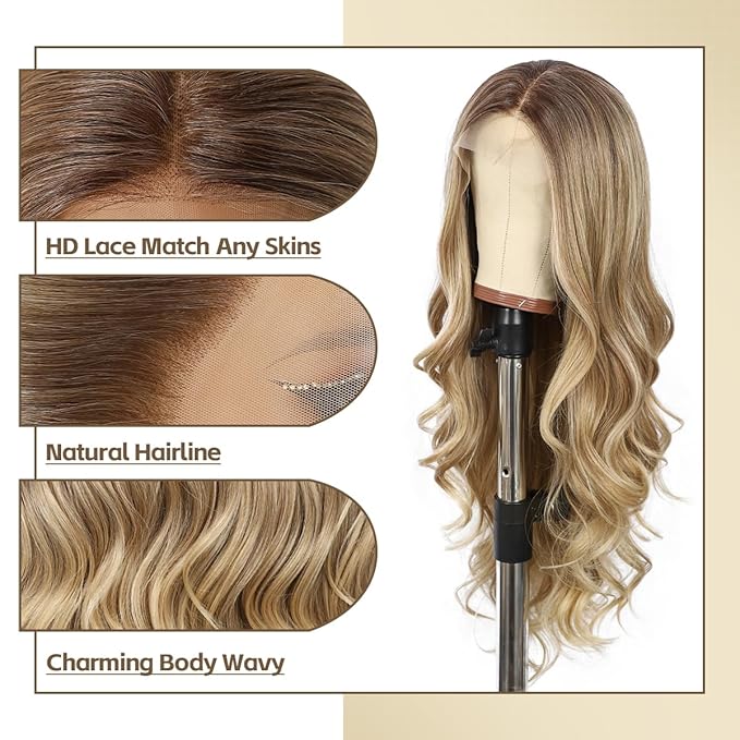 Wig store-Wavy-Blonde Lace Front Wig for Women 13×4 Body Wave Synthetic Wigs Highlight Pre-plucked Long Wavy Wig 150% Density Heat Resistant Hair Replacement Wigs 26 Inch 3 Wig store-Wavy-Blonde Lace Front Wig for Women 13x4 Body Wave Synthetic Wigs Highlight Pre-plucked Long Wavy Wig 150% Density Heat Resistant Hair Replacement Wigs 26 Inch - Image 3