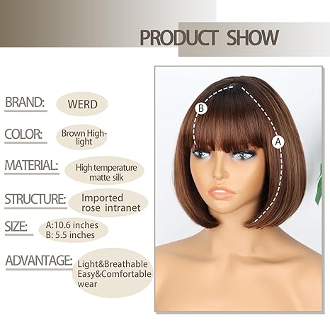 Wig store-Straight-WERD Short Brown Bob Wig for Women Auburn Brown Wig with Bangs Synthetic Hair Light Highlight Brown Bob Wig for Daily Party Cosplay 2 Wig store-Straight-WERD Short Brown Bob Wig for Women Auburn Brown Wig with Bangs Synthetic Hair Light Highlight Brown Bob Wig for Daily Party Cosplay - Image 2