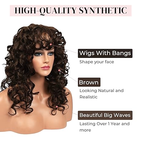 Wig store-Curly-LONAI 23 Inch Brown Curly Wig with Bangs WIG006 Long Vintage Hairstyle with Curly Fringe Synthetic Wig for Women Daily Use Party-Brown 2 Wig store-Curly-LONAI 23 Inch Brown Curly Wig with Bangs WIG006 Long Vintage Hairstyle with Curly Fringe Synthetic Wig for Women Daily Use Party-Brown - Image 2