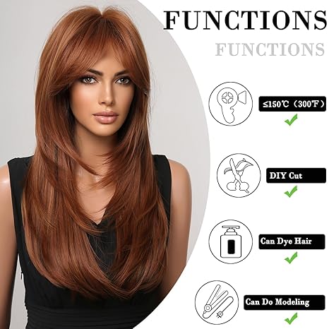 Wig store-Straight-Auburn Brown Wig with Bangs Natural Medium Length Straight Wigs for Women Heat Resistant Fiber Synthetic Wigs for Daily Cosplay 3 Wig store-Straight-Auburn Brown Wig with Bangs Natural Medium Length Straight Wigs for Women Heat Resistant Fiber Synthetic Wigs for Daily Cosplay - Image 3