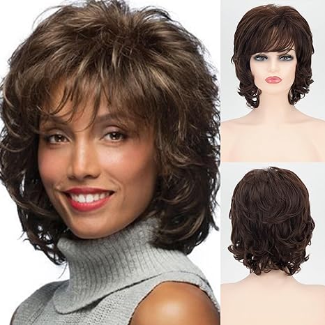 Wig store-Curly-RENERSHOW Brown Short Wavy Wigs for White Women with Bangs Medium Shaggy Wave Curly Wig Layered Natural Looking Synthetic Daily Party Wig Wig store-Curly-RENERSHOW Brown Short Wavy Wigs for White Women with Bangs Medium Shaggy Wave Curly Wig Layered Natural Looking Synthetic Daily Party Wig