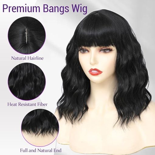 Wig store-Wavy-RemyAeki Short Wavy Wigs With Bangs Natural Black - Curly Wavy Bob Synthetic Short Bangs Wigs for Women Medium Shoulder Length -14 Inch - Image 2