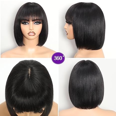 Wig store-Straight-Short Straight Bob Wig with Bangs Human Hair Glueless 180% Density Middle Part Upgraded 2×1 Realistic Scalp Lace Wigs Natural Black Bob Wig Human Hair With Bangs for Women 10 Inch 3 Wig store-Straight-Short Straight Bob Wig with Bangs Human Hair Glueless 180% Density Middle Part Upgraded 2x1 Realistic Scalp Lace Wigs Natural Black Bob Wig Human Hair With Bangs for Women 10 Inch - Image 3