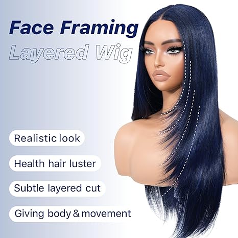 Wig store-Straight-Dark Blue Wear and Go Glueless Wigs Pre Plucked Pre Cut for Beginners Synthetic Lace Front Wig for Woman Long layered Straight Wigs with Bangs 26 Inch 3 Seconds to Wear for Beginners 2 Wig store-Straight-Dark Blue Wear and Go Glueless Wigs Pre Plucked Pre Cut for Beginners Synthetic Lace Front Wig for Woman Long layered Straight Wigs with Bangs 26 Inch 3 Seconds to Wear for Beginners - Image 2
