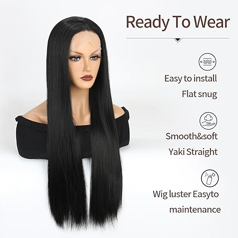 Wig store-Long Hair-Synthetic Lace Front Wigs For Women Black Straight Hair Glueless 13×1 Long Straight Natural Heat Resistant Fiber Natural Wig With 26 Inch (Black) 3 Wig store-Long Hair-Synthetic Lace Front Wigs For Women Black Straight Hair Glueless 13x1 Long Straight Natural Heat Resistant Fiber Natural Wig With 26 Inch (Black) - Image 3
