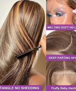 Wig store-Straight-13×6 Hd Lace Front Wig – Glueless Ready to Wear 26″ Synthetic Wigs for Black Women- Pre-Plucked Baby Hair Heat-Resistant Brown Blonde Highlights Wig Beginner Friendly 2