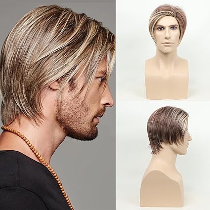 Wig store-Straight-Men’s Wig Slicked-back Side Part Short Brown Mix Blonde Layered Realistic Synthetic Fiber Wigs Daily Use Cosplay Costume Wig Wig store-Straight-Men's Wig Slicked-back Side Part Short Brown Mix Blonde Layered Realistic Synthetic Fiber Wigs Daily Use Cosplay Costume Wig