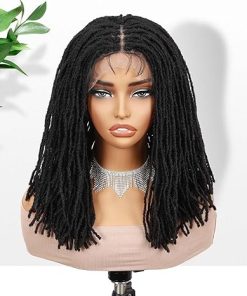 Wig store-Straight-Fancy Hair Full Lace Short Faux Locs Wig with Baby Hair Lace Front Twist Braids Wig Synthetic Micro Locs Wig for Black Women (Natural Black) 2