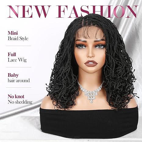 Wig store-Braid-Micro Twist Braided Double Full Lace Wigs for Black Women Mini Braid Wig with Baby Hair Short Curly Box Braid Lace Synthetic Black Hair 14Inch 3 Wig store-Braid-Micro Twist Braided Double Full Lace Wigs for Black Women Mini Braid Wig with Baby Hair Short Curly Box Braid Lace Synthetic Black Hair 14Inch - Image 3