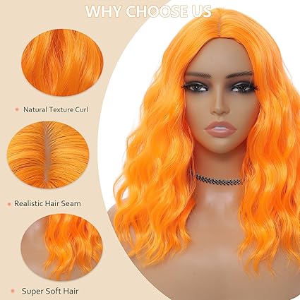 Wig store-Wavy-Orange Wig for Women- Wavy Curly Orange Bob Wigs Middle Part 14 Inch Shoulder Length Heat Resistant Synthetic Colorful Wig 3 Wig store-Wavy-Orange Wig for Women- Wavy Curly Orange Bob Wigs Middle Part 14 Inch Shoulder Length Heat Resistant Synthetic Colorful Wig - Image 3