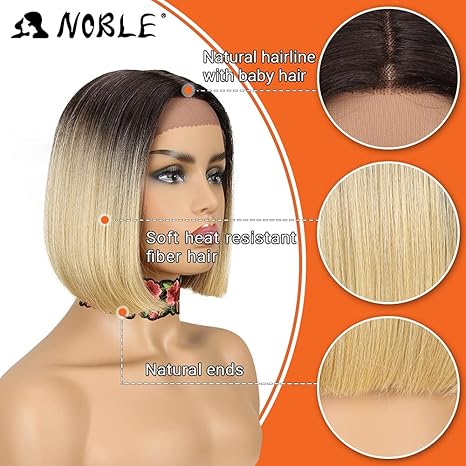 Wig store-Straight-NOBLE Blonde Ombre Bob Wigs for Women Short Straight T Part HD Lace Front Wigs 150% Density Blunt Cut Bob Wig Heat Resistant Synthetic Ombre Blonde Bob Wigs for Daily Party Use 10 inches 2 Wig store-Straight-NOBLE Blonde Ombre Bob Wigs for Women Short Straight T Part HD Lace Front Wigs 150% Density Blunt Cut Bob Wig Heat Resistant Synthetic Ombre Blonde Bob Wigs for Daily Party Use 10 inches - Image 2