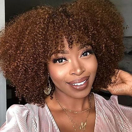 Wig store-Curly-Afro Kinky Curly Wigs for Black Women Natural Looking Short Bob Wig with Bangs None Lace Front Wig Long Kinky Curly Synthetic Hair for Daily Party (Ombre Brown- 14 Inch) 2 Wig store-Curly-Afro Kinky Curly Wigs for Black Women Natural Looking Short Bob Wig with Bangs None Lace Front Wig Long Kinky Curly Synthetic Hair for Daily Party (Ombre Brown- 14 Inch) - Image 2
