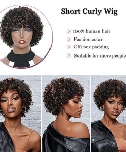 Wig store-Curly-Short Curly Wigs for Black Women Brazilian Virgin Human Hair Wigs for Middle Aged Black Women Black Mix Medium Brown Highlight Color 150% Density Regular Wig Machine Made Glueless Wig No Lace Wig 2