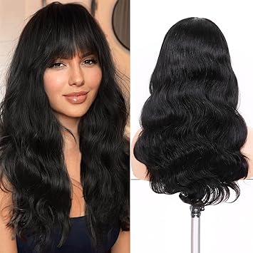 Wig store-Wavy-WIGNEE Natural Wave Wigs with Bangs 100% Brazilian Human Hair Wave Wigs Natural Black (18 Inch 1B) Wig store-Wavy-WIGNEE Natural Wave Wigs with Bangs 100% Brazilian Human Hair Wave Wigs Natural Black (18 Inch 1B)