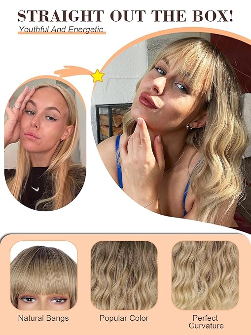 Wig store-Thick-QGZ Blonde Highlight Bob Wig with Bangs 12 Inches Short Wavy Synthetic Ombre Blonde Wig for Women Shoulder Length Hair for Daily Use 3 Wig store-Thick-QGZ Blonde Highlight Bob Wig with Bangs 12 Inches Short Wavy Synthetic Ombre Blonde Wig for Women Shoulder Length Hair for Daily Use - Image 3
