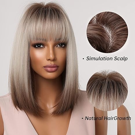 Wig store-Bob Wig-Allbell Brown Blonde Ombre Bob Wigs for Women Cosplay Wig with Bangs Dark Roots Gray Natural Hair Synthetic Wig 2 Wig store-Bob Wig-Allbell Brown Blonde Ombre Bob Wigs for Women Cosplay Wig with Bangs Dark Roots Gray Natural Hair Synthetic Wig - Image 2
