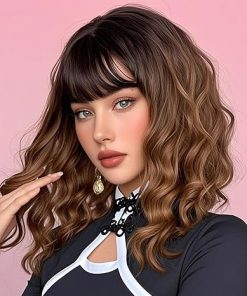 Wig store-Wavy-Short Bob Wavy Wig with Bangs for Women Black to Brown Color Wigs for Women Loose Curly Shoulder Length Bob Curly Women’s Charming Synthetic Wigs Style Synthetic Fiber wig