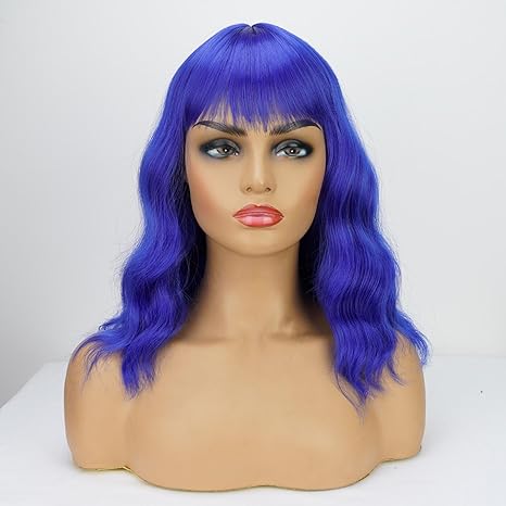 Wig store-Wavy-Blue Wigs for Black Women Soft Short Bob Style Wigs with Bangs for Women Synthetic Shoulder Length Women’s Curly Wigs for Cosplay Halloween Costumes Daily (Blue) 2 Wig store-Wavy-Blue Wigs for Black Women Soft Short Bob Style Wigs with Bangs for Women Synthetic Shoulder Length Women's Curly Wigs for Cosplay Halloween Costumes Daily (Blue) - Image 2