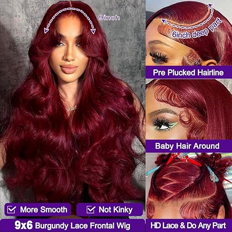 Wig store-99J Burgundy Ready to Wear Glueless Wig-9X6 Wear and Go Glueless Wigs Human Hair Body Wave 200% Density HD Lace Front Wigs Human Hair Cherry Red Colored Brazilian Pre Plucked Pre Cut 99J Burgundy Ready to Wear Glueless Wigs (28 Inch) 2 Wig store-99J Burgundy Ready to Wear Glueless Wig-9X6 Wear and Go Glueless Wigs Human Hair Body Wave 200% Density HD Lace Front Wigs Human Hair Cherry Red Colored Brazilian Pre Plucked Pre Cut 99J Burgundy Ready to Wear Glueless Wigs (28 Inch) - Image 2