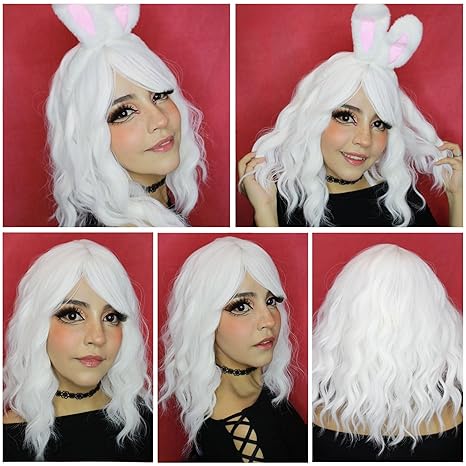 Wig store-Wavy-White Wig with Bangs for Women- Short Wavy Curly White Wigs 14 Inch Shoulder Length White Wig Party Cosplay Halloween Wigs 2 Wig store-Wavy-White Wig with Bangs for Women- Short Wavy Curly White Wigs 14 Inch Shoulder Length White Wig Party Cosplay Halloween Wigs - Image 2
