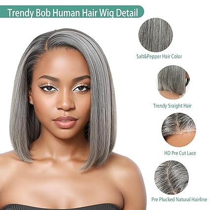 Wig store-Curly-12″ Glueless Salt And Pepper Human Hair Wigs Staight Grey Bob Wig Human Hair 5×5 Closure Grey HD Lace Front Human Hair Wigs Pre Cut Pre Plucked Hairline Gray Short Bob Wigs for Black Women 3 Wig store-Curly-12" Glueless Salt And Pepper Human Hair Wigs Staight Grey Bob Wig Human Hair 5x5 Closure Grey HD Lace Front Human Hair Wigs Pre Cut Pre Plucked Hairline Gray Short Bob Wigs for Black Women - Image 3