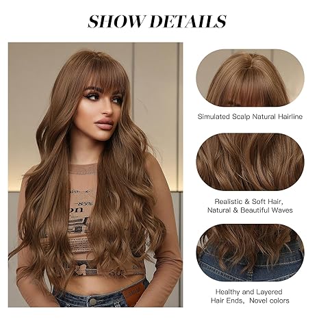 Wig store-Wavy-Linen Brown Wig with Bangs Wavy Wigs for Women- 26 Inch Synthetic Hair Wig for Daily Party Use 3 Wig store-Wavy-Linen Brown Wig with Bangs Wavy Wigs for Women- 26 Inch Synthetic Hair Wig for Daily Party Use - Image 3