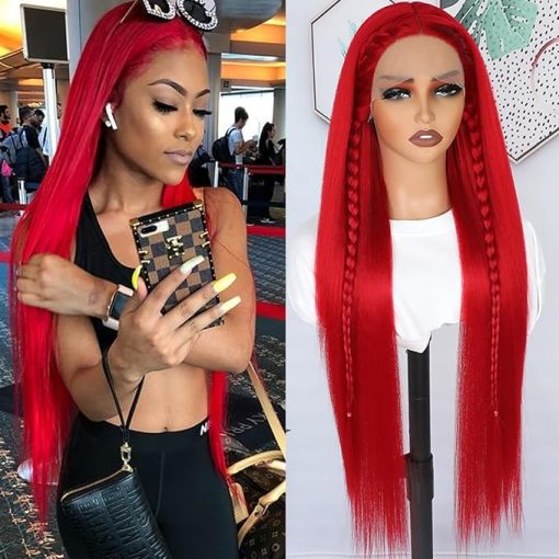 Wig store-Straight-30 Inch Red Hair Lace Front Wigs Pre Plucked Long Straight Wig Glueless Red Colored Wigs Heat Resistant Synthetic Lace Front Wigs for Black Women - Image 3