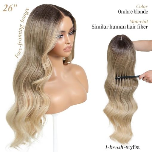 Wig store-Wavy-Ombre Blonde Wear and Go Glueless Wig with Bangs Pre Plucked Body Wave Synthetic Lace Front Wigs for Women 13x5x1 Pre Cut Lace Dirty Blonde Wig Middle Part 26 Inch - Image 2