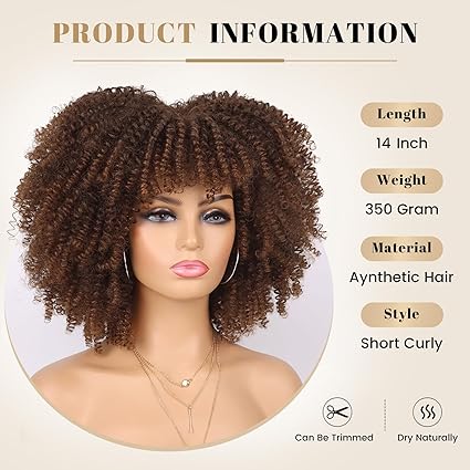Wig store-Curly-Afro Kinky Curly Wigs for Black Women Natural Looking Short Bob Wig with Bangs None Lace Front Wig Long Kinky Curly Synthetic Hair for Daily Party (Ombre Brown- 14 Inch) 3 Wig store-Curly-Afro Kinky Curly Wigs for Black Women Natural Looking Short Bob Wig with Bangs None Lace Front Wig Long Kinky Curly Synthetic Hair for Daily Party (Ombre Brown- 14 Inch) - Image 3