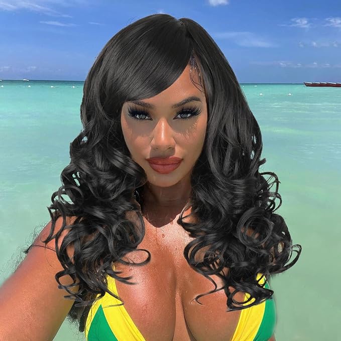 Wig store-Synthetic Wigs-Long Black Wavy Wig Curly Hair Wigs With Bangs for Black Women Natural Synthetic Replacement Wigs Heat Resistant Fiber Party Costume Wig Black Color Wigs Wig store-Synthetic Wigs-Long Black Wavy Wig Curly Hair Wigs With Bangs for Black Women Natural Synthetic Replacement Wigs Heat Resistant Fiber Party Costume Wig Black Color Wigs