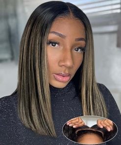 Wig store-Straight-Glueless Wigs Human Hair Pre Plucked Pre Cut Ready to Wear Glueless Bob Wigs for Black Women 5×5 HD Lace Closure Wigs P1b/27 Blonde Highlight Wig Human Hair 200% Density 14 IN