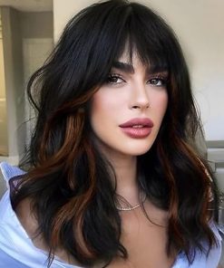 Wig store-Curly-testar Black Mixed Brown Wigs with Bangs Short Wavy Bob Wigs for White Women Short Curly Hair Synthetic Wigs for Daily Party Use 14IN