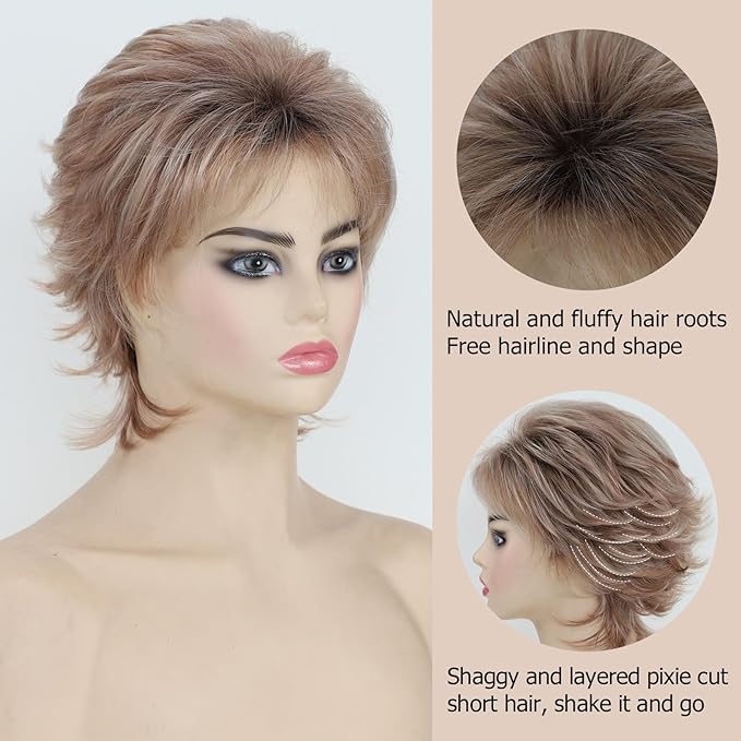 Wig store-Wavy-TISHINING Pixie Layered Short Brown Wigs for White Women Ombre Brown Mix Blonde Pixie Cut Synthetic Short Hair Wig with Bangs Natural Looking Daily Party Wig 3 Wig store-Wavy-TISHINING Pixie Layered Short Brown Wigs for White Women Ombre Brown Mix Blonde Pixie Cut Synthetic Short Hair Wig with Bangs Natural Looking Daily Party Wig - Image 3