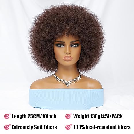 Wig store-Soft-Afro Wigs for Black Women Brown 70s Puff Short Afro Kinky Curly Wig with Bangs for Men 10 Inch Natural Looking Fluffy Large Bouncy Synthetic Hair Big Afro Wig for Daily Party Use(#33) 2 Wig store-Soft-Afro Wigs for Black Women Brown 70s Puff Short Afro Kinky Curly Wig with Bangs for Men 10 Inch Natural Looking Fluffy Large Bouncy Synthetic Hair Big Afro Wig for Daily Party Use(#33) - Image 2