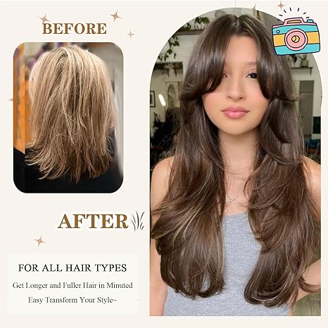 Wig store-Wavy-Layered Wig With Curtain Bangs For Women Dark Brown Long Multi-Layered Wig Straight Wavy Hair Wig Natiral Looking Synthetic Heat Resistant Wigs for Daily Party Use (26Inch- Dark Brown#) 3 Wig store-Wavy-Layered Wig With Curtain Bangs For Women Dark Brown Long Multi-Layered Wig Straight Wavy Hair Wig Natiral Looking Synthetic Heat Resistant Wigs for Daily Party Use (26Inch- Dark Brown#) - Image 3