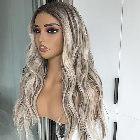 Wig store-Wavy-Wear and Go Glueless Body Wave Synthetic Lace Front Wig Pre Plucked Pre Cut Lace Wig for Beginners Platinum Ash Blonde with Brown Roots Ready to Wigs for Women 20 Inch Wavy 3 Wig store-Wavy-Wear and Go Glueless Body Wave Synthetic Lace Front Wig Pre Plucked Pre Cut Lace Wig for Beginners Platinum Ash Blonde with Brown Roots Ready to Wigs for Women 20 Inch Wavy - Image 3