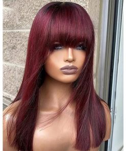 Wig store-Straight-Burgundy Straight Human Hair Wig with Bangs Mongolian Remy Hair Glueless None Lace Front Human Hair Wigs Red for Women 99J Color 150% Density Machine Made Wigs for Black Women 22 inch 2